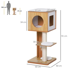PawHyt Copac pentru Pisici cu 2 Stalpi din Lemn si Sisal si Perne pe 3 Nieluri 50 x 40 x91cm