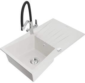 Mexen Cesar chiuvetă de granit cu un compartiment, cu picurător și baterie de bucătărie Duo, Albă - 6514-20-671701-07