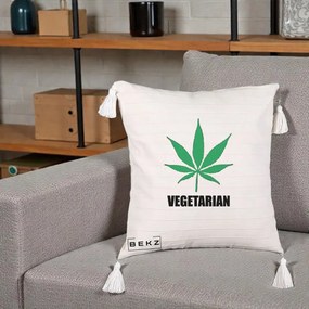 Perna Decorativa Vegetarian cu Frunza, 40x40 cm, Bej cu Franjuri, Husa Detasabila, Perna Inclusa, BEKZ®