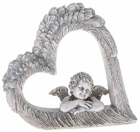 Decorațiune inimă cu înger, gri, poliresină, 14,5 x 13,5 x 4 cm