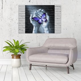 Tablou - Fluture violet pe perete (90x60 cm)