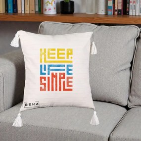 Perna Decorativa Keep Life Simple Colorat, 40x40 cm, Bej cu Franjuri, Husa Detasabila, Perna Inclusa, BEKZ®