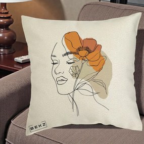 Perna Decorativa Portret Feminin Mac Mare Portocaliu, 40x40 cm, Ecru, Husa Detasabila, Perna Inclusa, BEKZ®