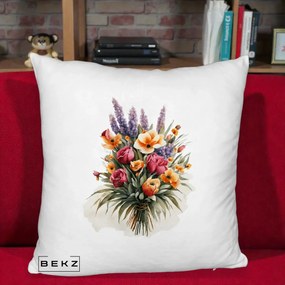 Perna Decorativa Buchet Mixt Acuarela Lavanda-Trandafiri, 40x40 cm, Alb Pufos, Husa Detasabila, Perna Inclusa, BEKZ®