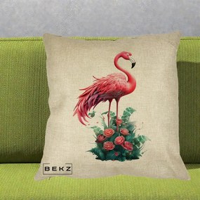Perna Decorativa Flamingo cu Trandafiri Tropicali, 40x40 cm, Crem, Husa Detasabila, Perna Inclusa, BEKZ®