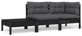 806674 vidaXL Set mobilier grădină cu perne, 3 piese, negru, lemn masiv pin