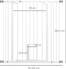 PawHut Poartă Reglabilă pentru Câini Înaltă cu Ușă Mică și Închidere Automată, 74-101x104cm, Alb | Aosom Romania