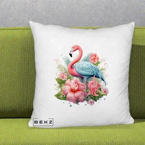 Perna Decorativa Flamingo cu Hibiscus Tropical, 40x40 cm, Alb Pufos, Husa Detasabila, Perna Inclusa, BEKZ®