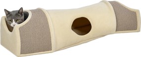 PawHut Tunel pentru pisici cu 3 deschideri, pufos, sfoară de zgâriat din sisal, 107x38x29 cm, Bej/Gri | Aosom Romania