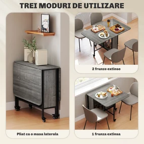 HOMCOM Masă Pliabilă, Rabatabilă pentru 4-6 Persoane cu Raft și 6 Roți, din Lemn și Metal, 130x80x74 cm, Gri | Aosom Romania