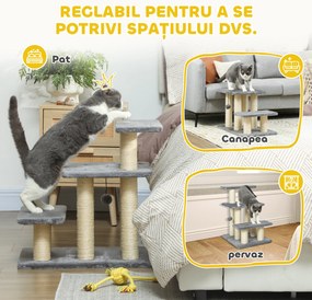 PawHut Scară pentru Câini și Pisici cu 3 Trepte din Pluș și Stâlpi Zgâriători din Sisal, Capacitate 10 kg, Gri | Aosom Romania