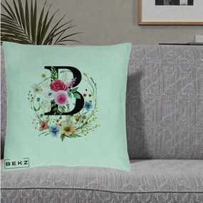 Cadou Personalizat - Perna Personalizata Monogram Litera B cu Flori Acuarela, 40x40 cm, Verde Menta, Husa Detasabila, Perna Inclusa, BEKZ®
