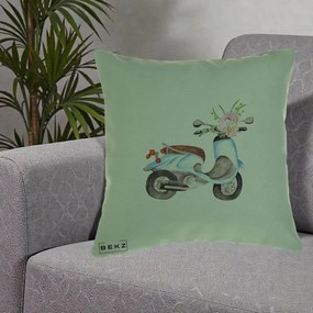 Perna Decorativa Scuter Albastru cu Flori Acuarela, 40x40 cm, Verde, Husa Detasabila, Perna Inclusa, BEKZ®