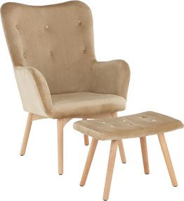 Fotoliu cu taburet, material de catifea bej/fag, LAGER NEW