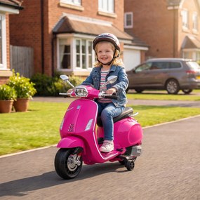 AIYAPLAY Motocicletă electrică pentru copii cu licență Vespa, roți ajutătoare, far și muzică, PP și metal, 107x47x73 cm, Roz | Aosom Romania