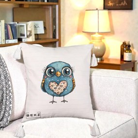Perna Decorativa Bufnita Albastra cu Inimioare, 40x40 cm, Bej cu Franjuri, Husa Detasabila, Perna Inclusa, BEKZ®