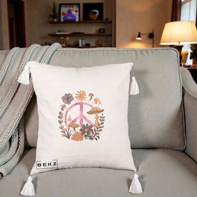 Perna Decorativa Peace Ciuperci Boho, 40x40 cm, Bej cu Franjuri, Husa Detasabila, Perna Inclusa, BEKZ®
