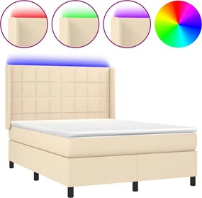 vidaXL Pat cu arcuri, saltea și LED, crem, 140x190 cm, textil
