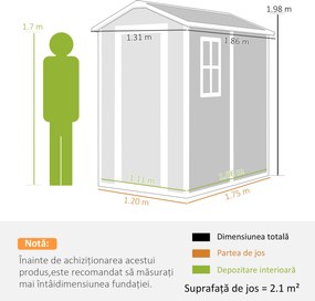 Outsunny Șopron de Grădină din PP cu Podea, Ușă cu Încuietoare și Acoperiș Înclinat, 131x186x198 cm, Gri | Aosom Romania