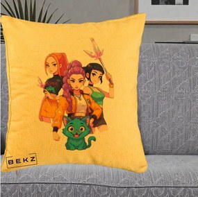 Perna Personalizata K-pop HUNTRX Trio cu Pisica si Cristale, 40x40 cm, Galben, Husa Detasabila, Perna Inclusa, BEKZ®