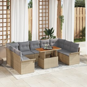 vidaXL Set Masă Grădină 10 Piese cu Perne Bej Ratan Poli Acacia