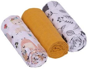 Baby Nellys Scutece de muselina 3ks Lux - Boho, animale, 70 x 80 cm, mustar/alb