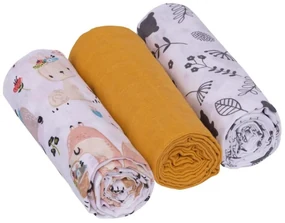 Baby Nellys Scutece de muselina 3ks Lux - Boho, animale, 70 x 80 cm, mustar/alb
