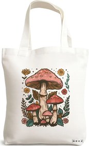 Sacosa de Panza pentru Cumparaturi, Geanta Tote Colorful Mushrooms 2, 38x34.5 cm, Alba, BEKZ®