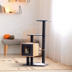 PawHut Pom de pisici design contemporan zgarieturi pe scara din sisal natural cu activitati in centru, platforme pentru joaca, bile suspendate 71,5L x 49,5l x 120H cm MDF negru stejar | Aosom Romania
