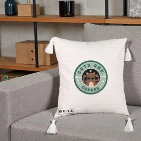 Perna Personalizata Cats and Coffee Starbucks, 40x40 cm, Bej cu Franjuri, Husa Detasabila, Perna Inclusa, BEKZ®