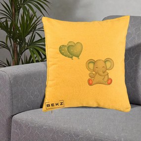 Perna Decorativa, Model Elefant si baloane in forma de inimioare, 40x40 cm, Galben, Husa Detasabila, Perna Inclusa, BEKZ®