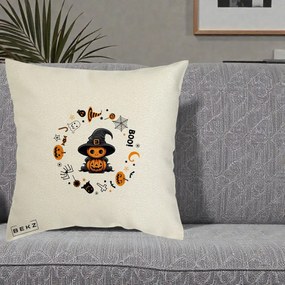 Perna Decorativa Halloween Dovleac Vrajitor Boo cu Simboluri, 40x40 cm, Ecru, Husa Detasabila, Perna Inclusa, BEKZ®