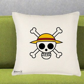 Perna Personalizata One Piece Jolly Roger Straw Hat Pirates, 40x40 cm, Crem Reliefat, Husa Detasabila, Perna Inclusa, BEKZ®