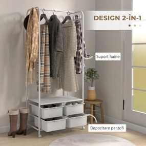 HOMCOM Suport Cuier cu Rafturi pentru Pantofi și 4 Coșuri, Cuier Intrare din Oțel și Plastic, 8 Agățători, 63x37x153 cm, Alb | Aosom Romania
