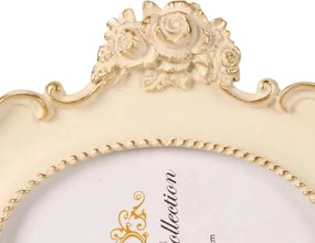 Ramă foto din polirășină, crem și auriu, cu deschidere ovală și trandafiri sculptați, în stil baroc, 19,5 x 22 x 2,8 cm, „Médaillon”