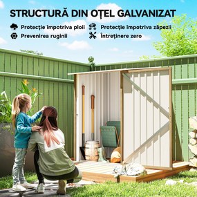 Outsunny Căsuță de Grădină 0.92m² din Oțel Galvanizat, Depozit pentru Unelte cu Ușă Blocabilă, Acoperiș Înclinat, 100x104x160 cm, Maro Deschis cu Aspect de Lemn | Aosom Romania