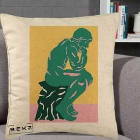 Perna Decorativa Ganditorul Sculptura Pop Art, 40x40 cm, Bej, Husa Detasabila, Perna Inclusa, BEKZ®