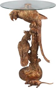 Măsuță laterală sculptată rotundă, auriu, cu bază în formă de papagali pe trunchi și blat din sticlă, finisaj antichizat, 62 x 40 cm, „Cacatoès”