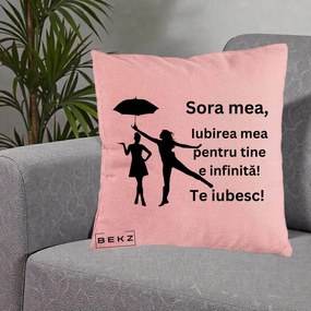 Cadou pentru Sora - Perna Personalizata Sora Mea Te Iubesc Siluete Negre cu Umbrela, 40x40 cm, Roz, Husa Detasabila, Perna Inclusa, BEKZ®