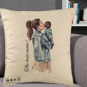 Cadou pentru Mama - Perna Personalizata The Best Mom Jachete, 40x40 cm, Bej, Husa Detasabila, Perna Inclusa, BEKZ®