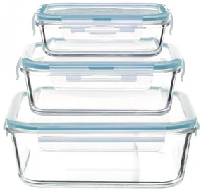 Set 3 cutii alimentare, 5five, patrate, sticla, inchidere ermetica