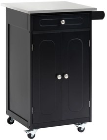 HOMCOM Căruț de servire pentru bucătărie pe roți, multiple spații de depozitare, 1 sertar, dulap cu 2 uși și raft, suport prosop, MDF negru, oțel inoxidabil | Aosom Romania