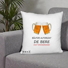 Perna Decorativa Bautor Autorizat de Bere, 40x40 cm, Alb Pufos, Husa Detasabila, Perna Inclusa, BEKZ®
