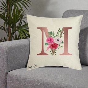 Cadou Personalizat - Perna Personalizata Monograma Rose Gold Litera M cu Trandafiri, 40x40 cm, Ecru, Husa Detasabila, Perna Inclusa, BEKZ®