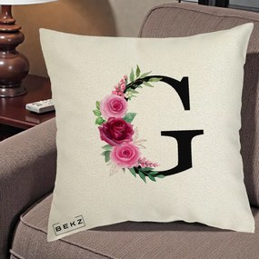 Cadou Personalizat - Perna Personalizata Monograma Florala Litera G, 40x40 cm, Ecru, Husa Detasabila, Perna Inclusa, BEKZ®