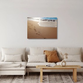 Tablou pe sticlă - urme în nisip și mare (70x50 cm)