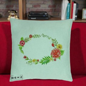 Perna Decorativa Coroana Florala Acuarela, 40x40 cm, Verde Menta, Husa Detasabila, Perna Inclusa, BEKZ®