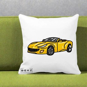 Perna Personalizata Masina Cabriolet Galbena Grafic, 40x40 cm, Alba Mata, Husa Detasabila, Perna Inclusa, BEKZ®