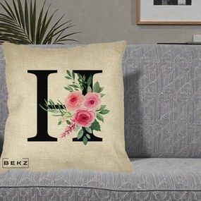 Cadou Personalizat - Perna Personalizata Monograma Florala Litera H cu Trandafiri Roz, 40x40 cm, Crem, Husa Detasabila, Perna Inclusa, BEKZ®