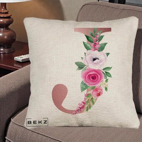 Cadou Personalizat - Perna Personalizata Monograma Rose Gold Litera J, 40x40 cm, Bej Canapea, Husa Detasabila, Perna Inclusa, BEKZ®